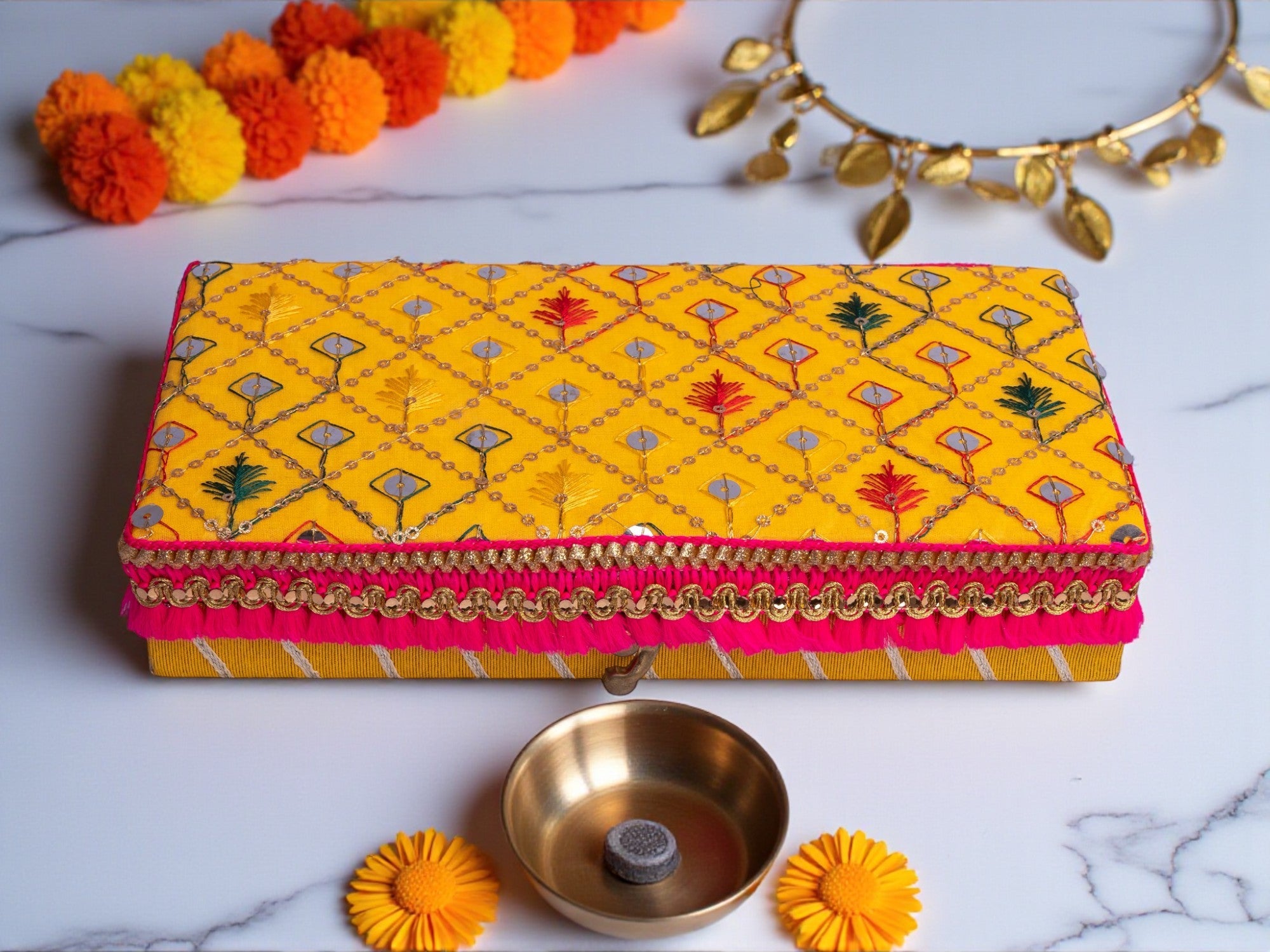 Zardozi Handcrafted Cash Box- Yellow