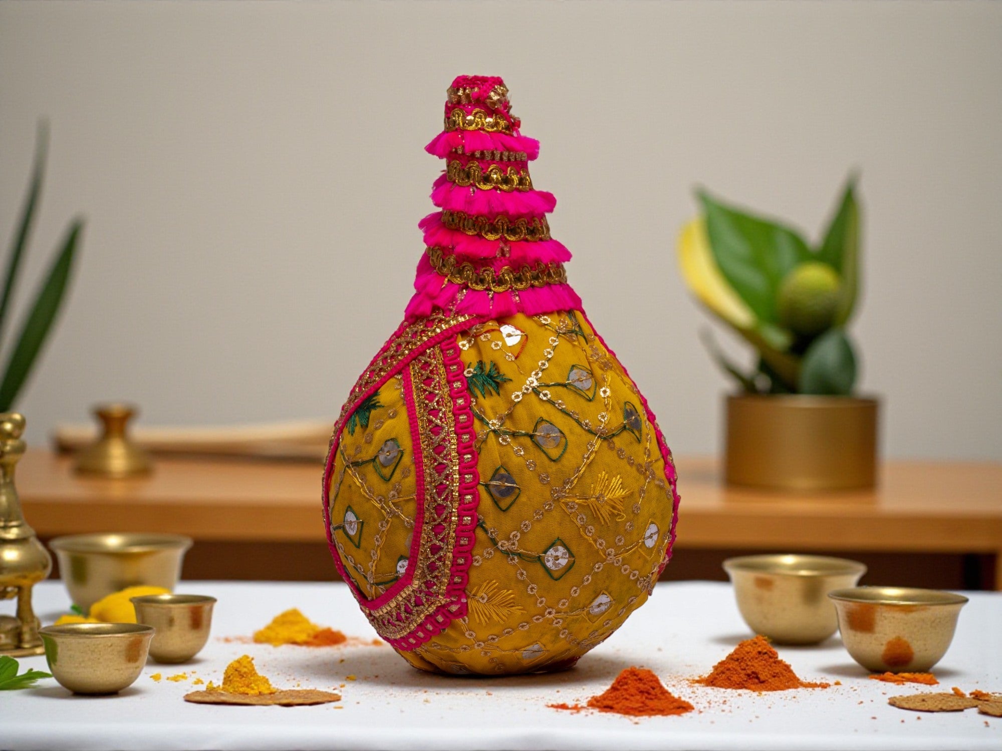 Zardozi handcrafted nariyal - Yellow