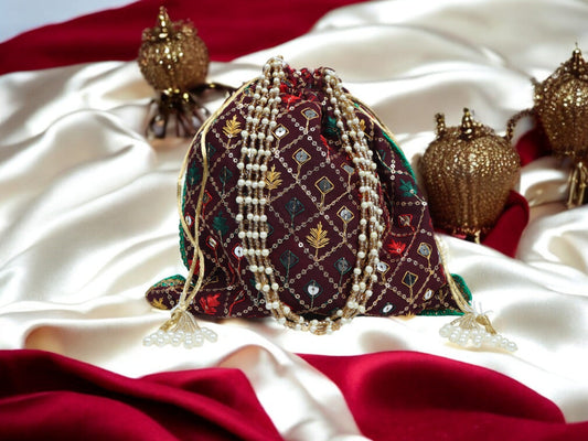 Zardozi Handcrafted Potli - Maroon - Image 1