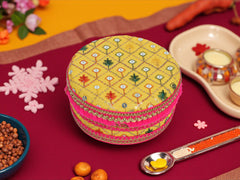 Zardozi Handcrafted Laddoo Box - Yellow