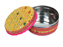 Zardozi Handcrafted Laddoo Box - Yellow