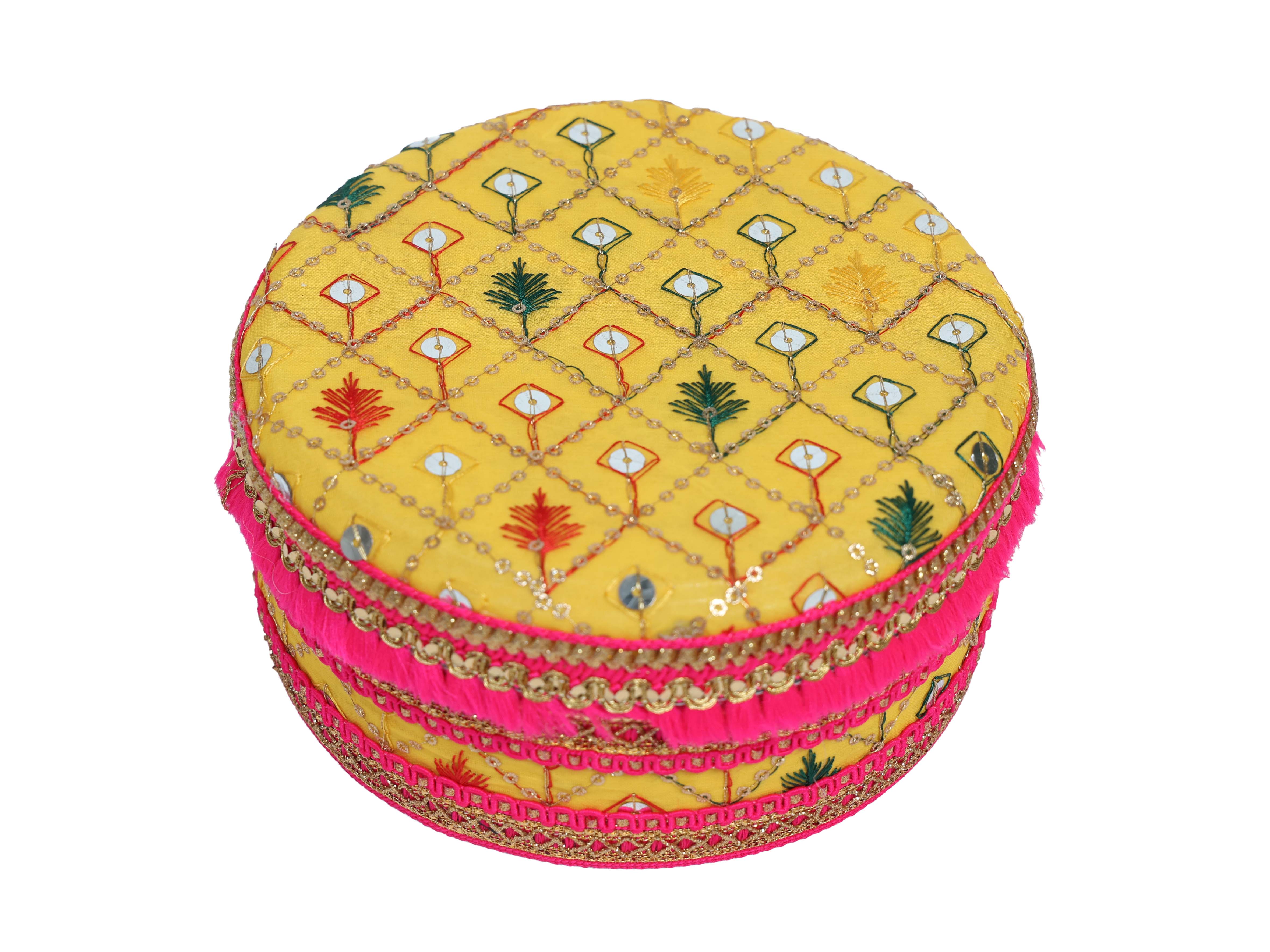 Zardozi Handcrafted Laddoo Box - Yellow