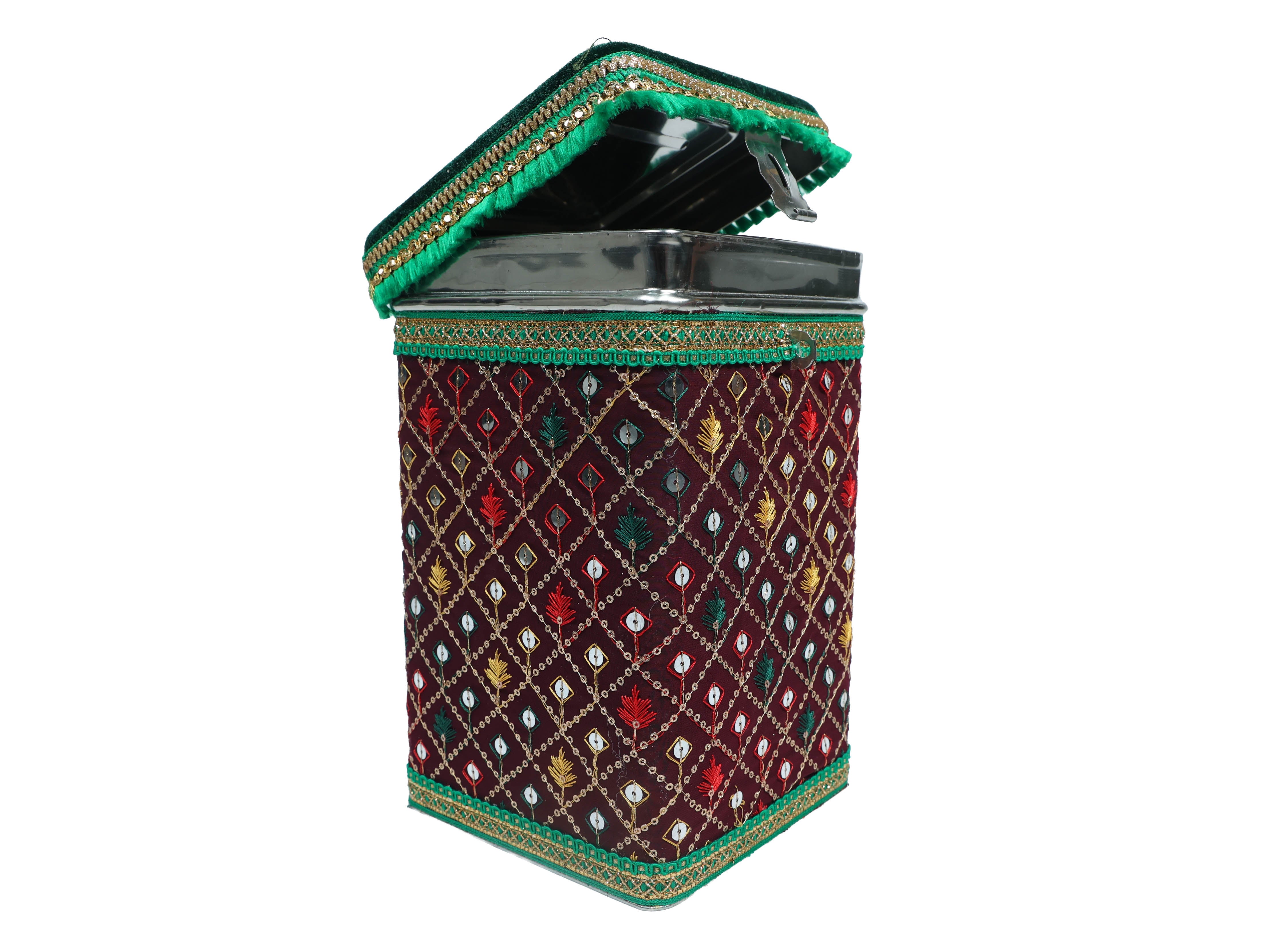 Zardozi Steel Square container - Maroon