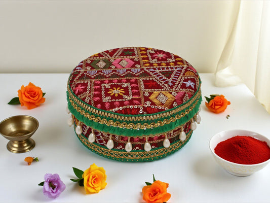 Zardozi Handcrafted Laddoo Box - Maroon