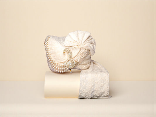 Ivory Embroidered Groom’s Pagdi with Safa & Pearl Kalgi
