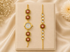 Royal Red Meenakari Bhai Bhabhi Rakhi Set with Floral Watch + Roli chawal+chocolates +message card