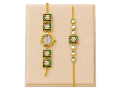 Royal Green Meenakari Bhai Bhabhi Rakhi Set with Floral Watch Rakhi + Roli chawal+chocolates +message card
