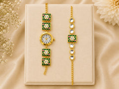 Royal Green Meenakari Bhai Bhabhi Rakhi Set with Floral Watch Rakhi + Roli chawal+chocolates +message card