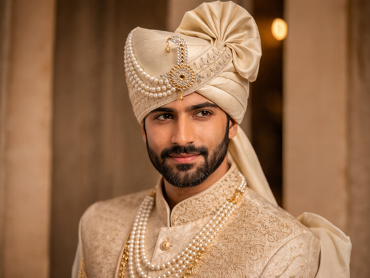Rich Timeless Ivory Satin Groom Pagdi with Embroidered Safa and Pearl Kalgi