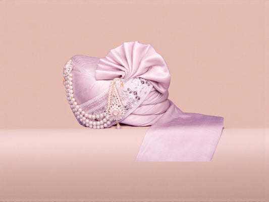 Elegant Lavender Groom’s Pagdi with Embroidered Safa and Pearl Kalgi
