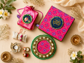 Luxury Bhai-Bhabhi Rakhi Gift Hamper with Decorative Thali, Panchi Kesar Anguri Petha & Festive Gift Box