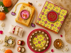Luxury Bhai-Bhabhi Rakhi Gift Hamper with Decorative Thali, Panchi Kesar Anguri Petha & Festive Gift Box
