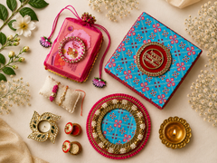 Luxury Bhai-Bhabhi Rakhi Gift Hamper with Decorative Thali, Panchi Kesar Anguri Petha & Festive Gift Box