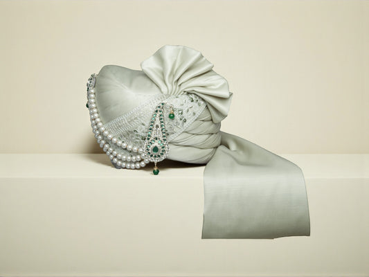 Royal Pistachio Green Groom’s Pagdi with Embroidered Safa & Beaded Kalgi