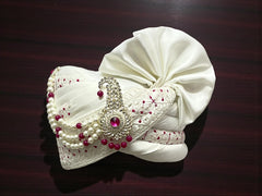 White with Rani Pink Embroidered Groom Pagdi – Royal Safa with Stone Klagi