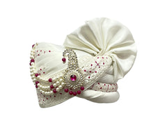 White with Rani Pink Embroidered Groom Pagdi – Royal Safa with Stone Klagi