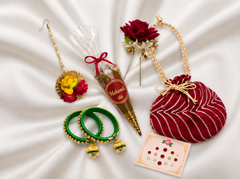 Luxurious Teej Gift Hamper Set | Gota Potli Bag + Floral Maang Tikka +Hanging Latoo Bangles + Mehendi Cone + Rose Hair Pin +Bindi pack | Teej Gift Combo