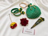 Luxurious Teej Gift Hamper Set | Gota Potli Bag + Floral Maang Tikka +Hanging Latoo Bangles + Mehendi Cone + Rose Hair Pin +Bindi pack | Teej Gift Combo