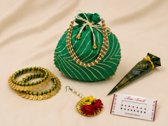 Vibrant Teej Gift Hamper Set | Gota Potli Bag + Floral Maang Tikka +Hanging Coin Bangles + Mehendi Cone + Rose Hair Pin +Bindi pack | Teej Gift Combo