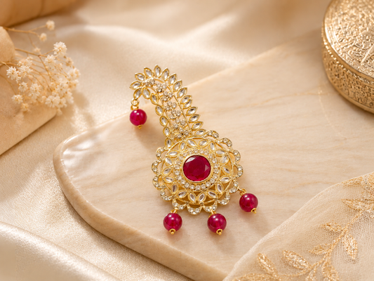 Traditional Groom kalgi with round Kundan Work & Pearl Danglers - Rani Pink