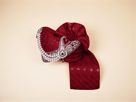 Royal Maroon Groom’s Pagdi with Embroidered Safa & Pearl Kalgi