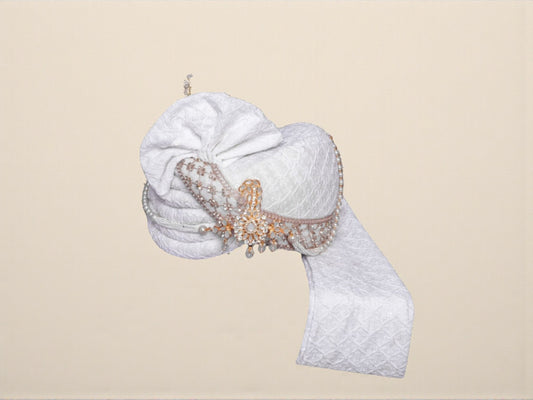 Elegant White Groom Pagdi with Safa and Kalgi