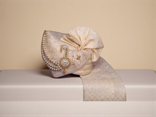 Ivory Jacquard Groom’s Pagdi with Matching Safa & Pearl Kalgi