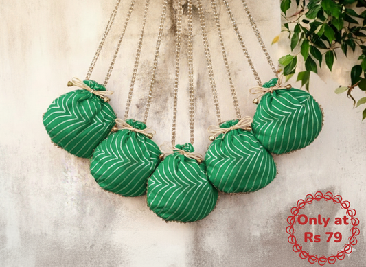 Bandhani Style Round Potli Bag with Golden Handle - Green