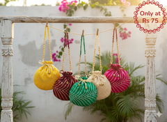 Bandhani Style Round Potli Bag with Golden Handle - Mutliple colours