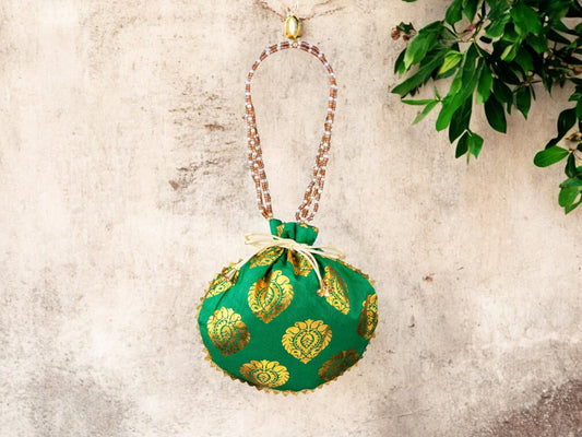 Bail Round Potli Bag with Pearl Beaded Handle - Green