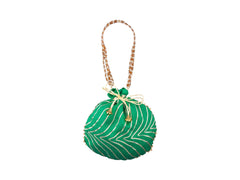 Bandhani Style Round Potli Bag with Golden Handle - Green - Image 2