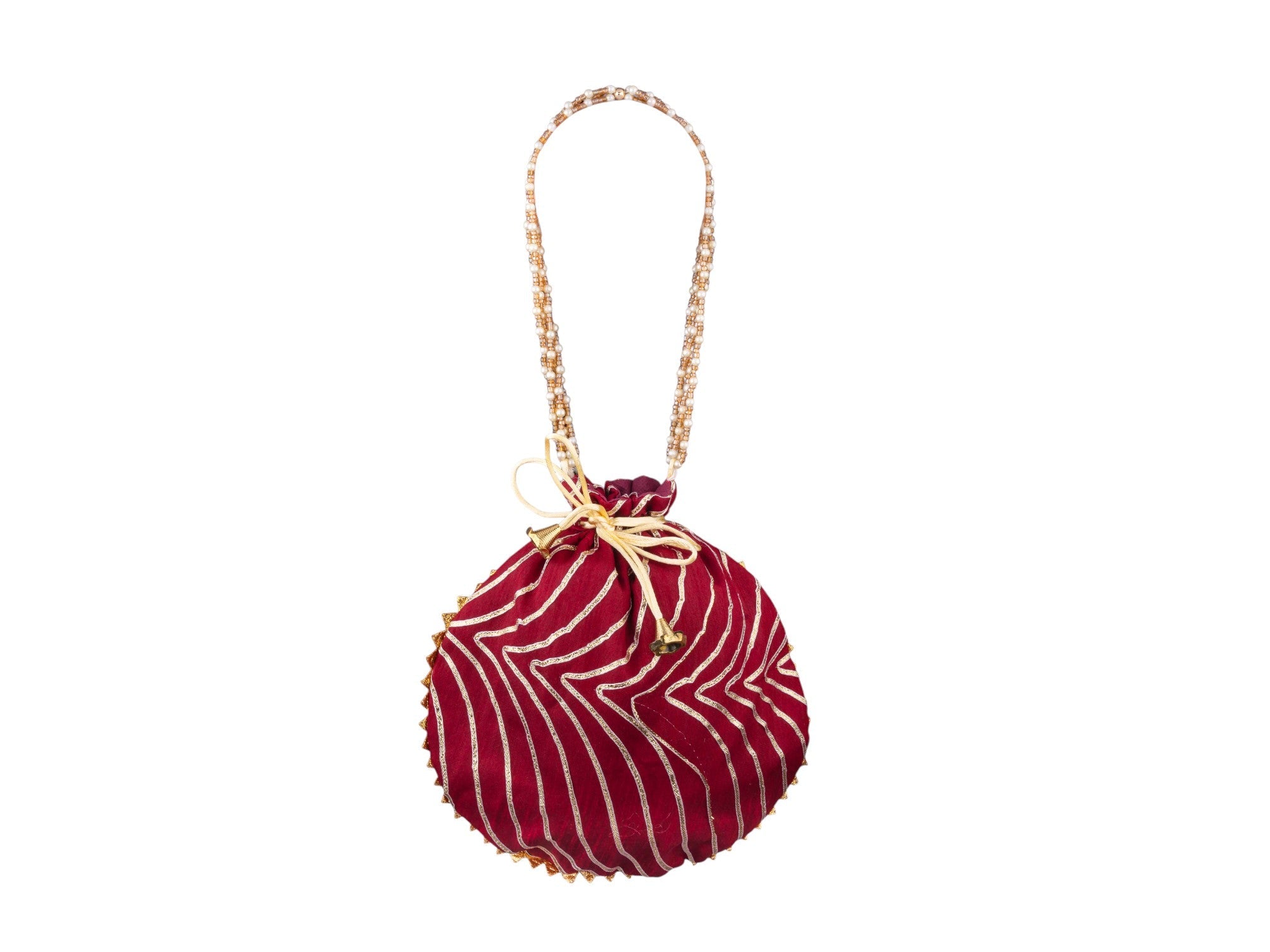 Bandhani Style Round Potli Bag with Golden Handle - Maroon - Image 2