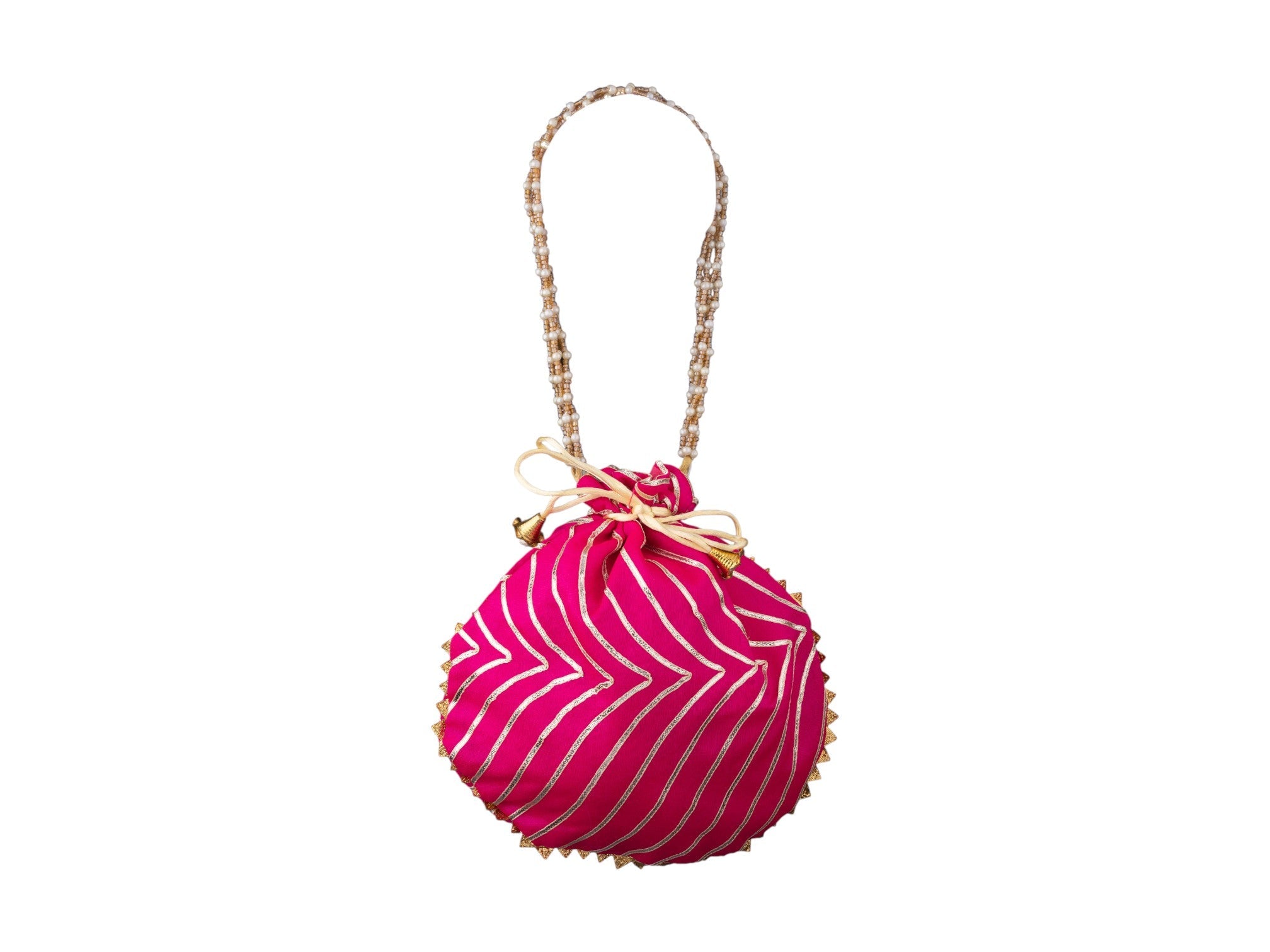 Bandhani Style Round Potli Bag with Golden Handle - Pink - Image 2