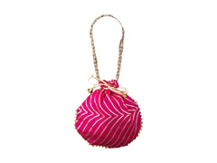 Bandhani Style Round Potli Bag with Golden Handle - Pink - Image 2