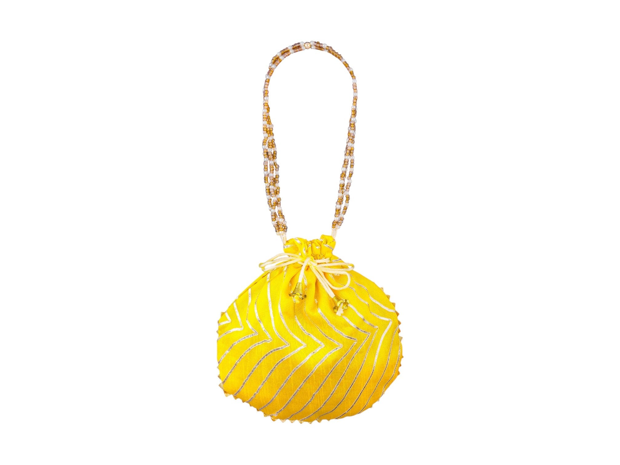 Bandhani Style Round Potli Bag with Golden Handle - Yellow - Image 2