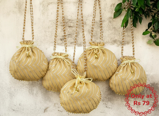 Bandhani Style Round Potli Bag with Golden Handle - Cream