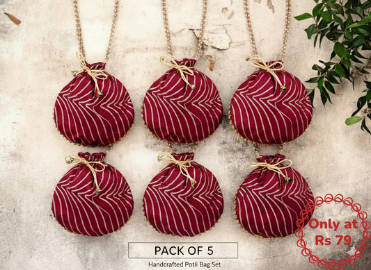 Bandhani Style Round Potli Bag with Golden Handle - Red