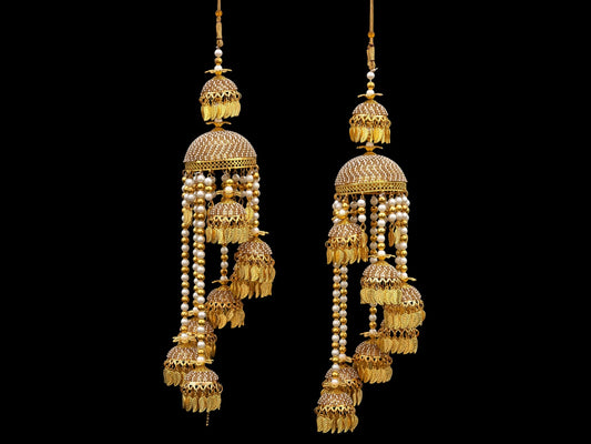 Royal Golden Bridal Kaleera with Multi-Dome Pearl Chains and Leaf Tassels