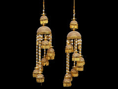 Royal Golden Bridal Kaleera with Multi-Dome Pearl Chains and Leaf Tassels