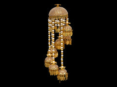 Royal Golden Bridal Kaleera with Multi-Dome Pearl Chains and Leaf Tassels