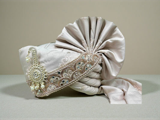 Hand-Tied Champagne Rose Groom Pagdi with Safa and Pearl Kalgi