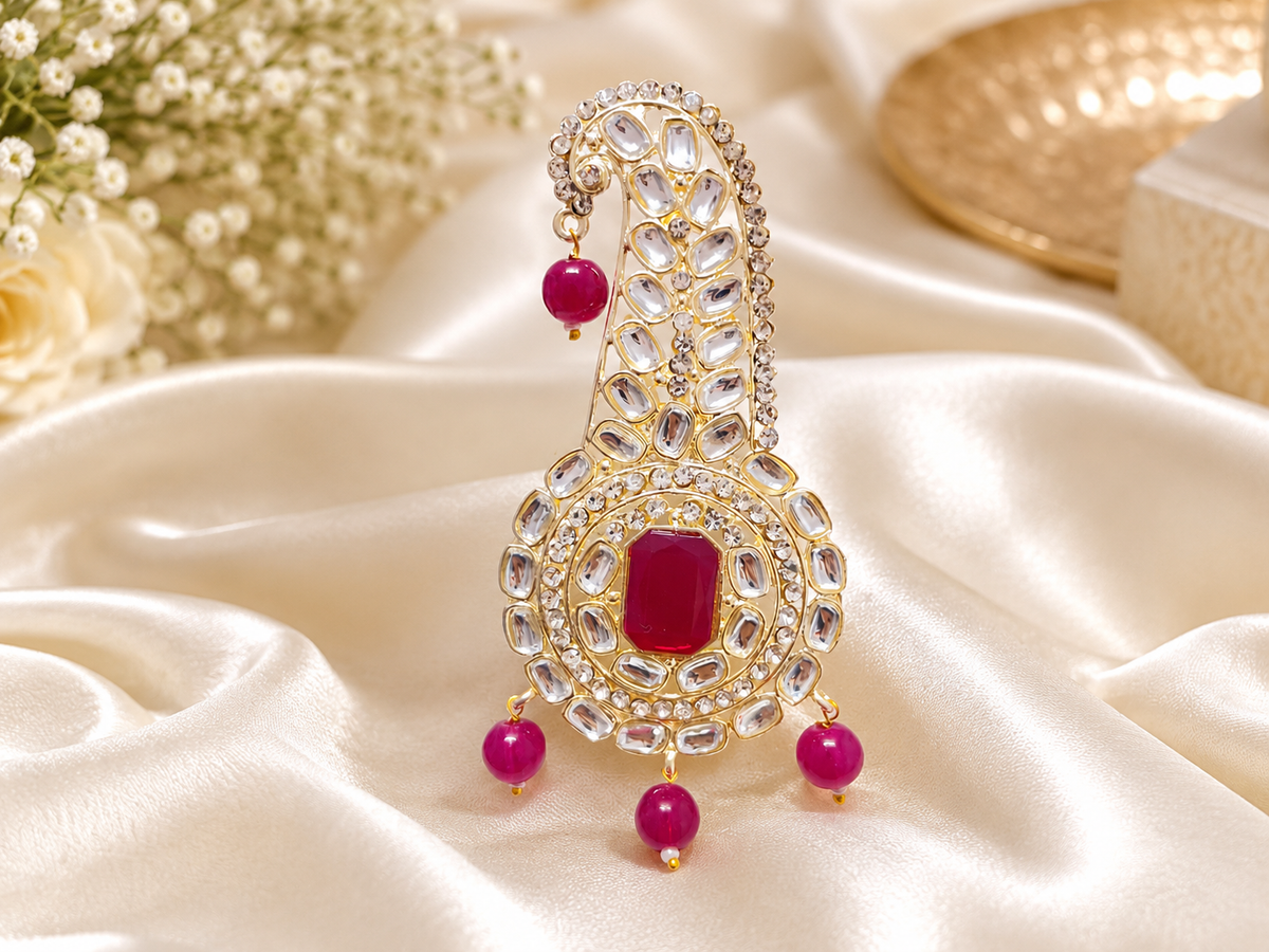 Traditional Groom kalgi with Kundan Work & Pearl Danglers - Pink