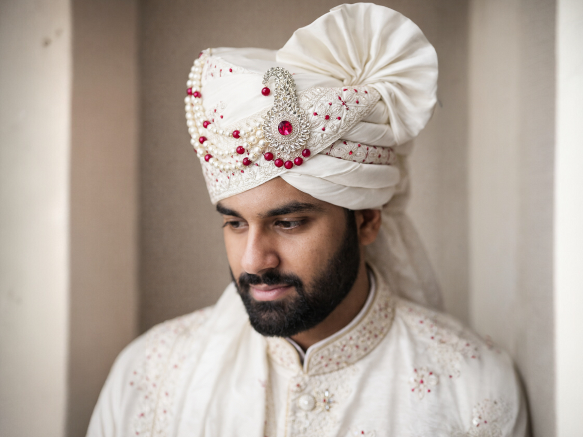 White with Rani Pink Embroidered Groom Pagdi – Royal Safa with Stone Klagi