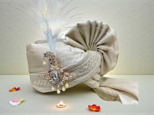 Hand-Tied  Classic Groom Pagdi with Embroidered Safa and Pearl Kalgi