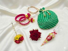 Luxurious Haldi & Mehendi Gift Hamper Set | Gota Potli Bag + Floral Maang Tikka +Hanging Latoo Bangles + Sweet Cone + Rose Hair Pin| Wedding Return Gift Combo