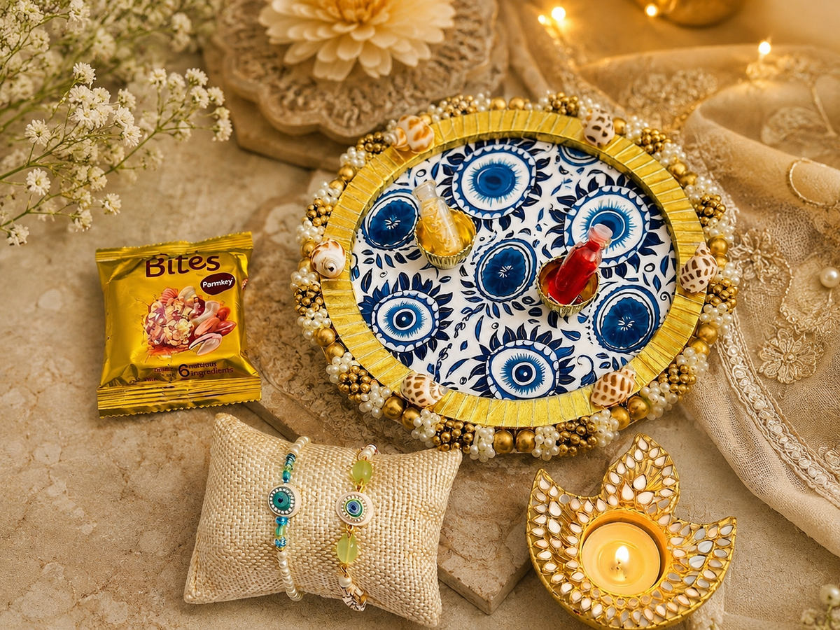 Evil Eye Rakhi Gift Hamper with Designer Pooja Thali & Tealight Holder