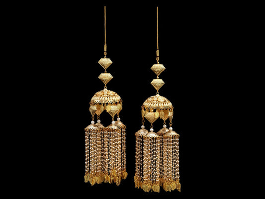 Elegant Long Golden Bridal Kaleera with Pearl & Leaf Tassels