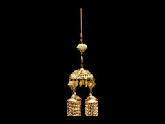 Elegant Long Golden Bridal Kaleera with Pearl & Leaf Tassels