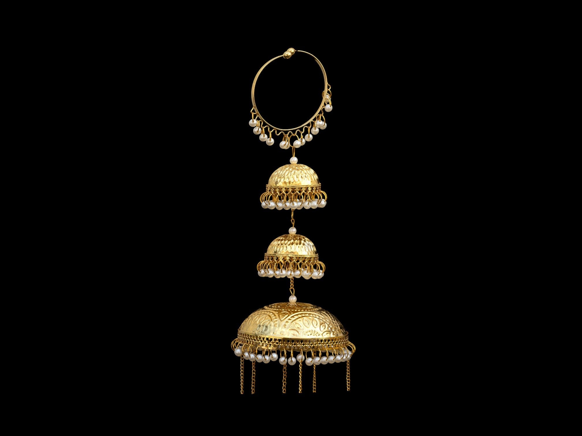 Ethnic Multi-Tier Golden Bridal Kaleera with Pearl Detailing