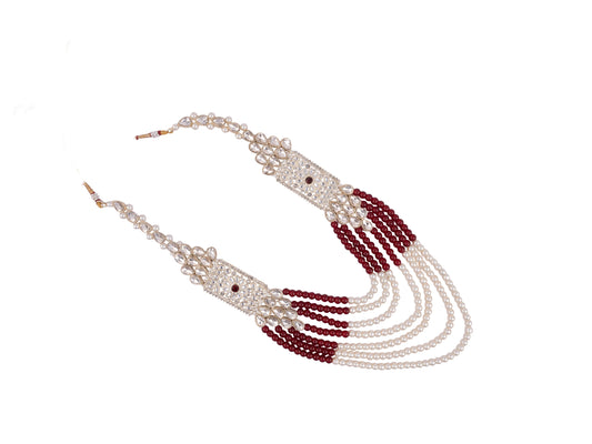 Ethnic Pearl & Red Bead Groom Mala with Kundan Embellishments